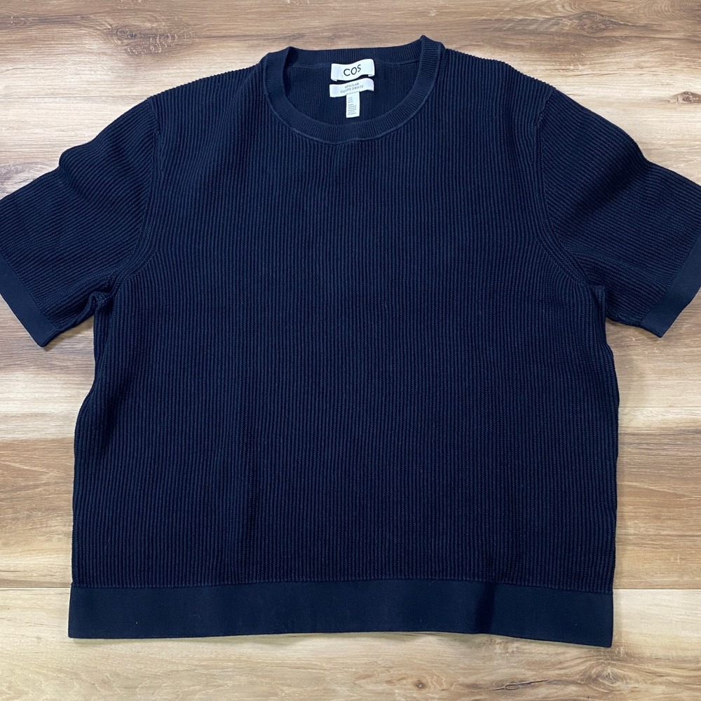 COS Knit Sweater Mens XL Minimalist 100% Cotton Reg Fit Navy Blue Quiet Luxury